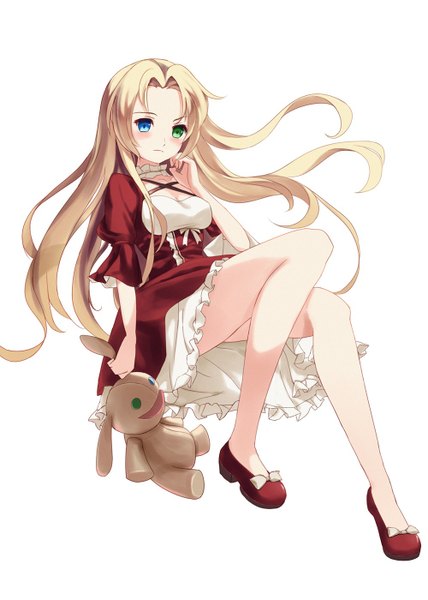 Anime picture 1000x1400 with original pupil g single long hair tall image looking at viewer blush fringe blue eyes blonde hair simple background white background sitting holding green eyes bent knee (knees) bare legs heterochromia girl dress