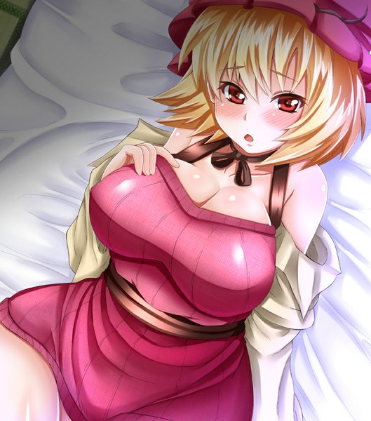 Anime picture 882x1000 with touhou aki minoriko ebi 193 single tall image looking at viewer blush fringe short hair breasts open mouth light erotic blonde hair red eyes lying huge breasts hand on chest girl headdress