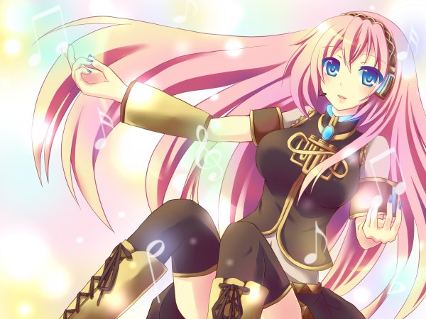 Anime picture 1200x900 with vocaloid megurine luka long hair blush blue eyes sitting bare shoulders pink hair nail polish wallpaper lacing treble clef girl thighhighs black thighhighs detached sleeves headphones thigh boots musical note