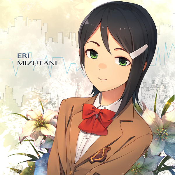 Anime picture 1083x1083 with idolmaster idolmaster dearly stars mizutani eri teiryoku lolita single looking at viewer short hair black hair smile green eyes from above character names portrait girl uniform flower (flowers) school uniform lily (flower)