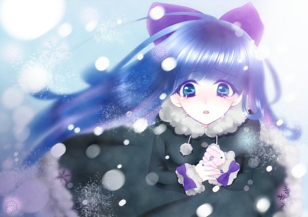 Anime picture 1000x707 with panty & stocking with garterbelt anarchy stocking yukashia single long hair looking at viewer blue eyes blue hair tears snowing winter girl bow hair bow snowflake (snowflakes) pom pom (clothes)
