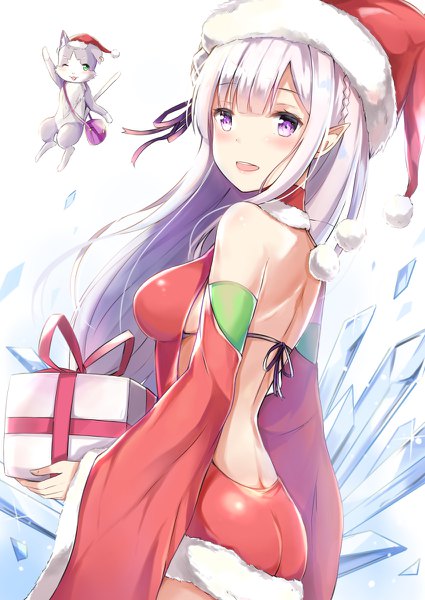 Anime picture 850x1200 with re:zero kara hajimeru isekai seikatsu white fox emilia (re:zero) puck (re:zero) konka long hair tall image blush fringe breasts open mouth light erotic hair between eyes purple eyes silver hair pointy ears fur trim back christmas girl