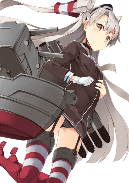 Anime picture 1240x1754 with kantai collection amatsukaze destroyer mafu9 single long hair tall image looking at viewer fringe light erotic simple background hair between eyes white background yellow eyes silver hair bent knee (knees) :o from below two side up cameltoe jumping