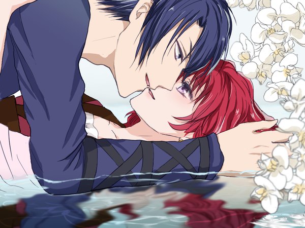 Anime picture 1024x768 with akatsuki no yona studio pierrot yona (akatsuki no yona) hak (akatsuki no yona) masserhshs fringe short hair open mouth blue eyes smile hair between eyes purple eyes payot blue hair upper body red hair lying traditional clothes profile couple