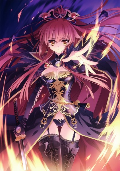 Anime picture 4588x6526 with carnelian single long hair tall image highres light erotic yellow eyes pink hair absurdres cleavage girl thighhighs underwear panties weapon sword choker armor fingerless gloves katana