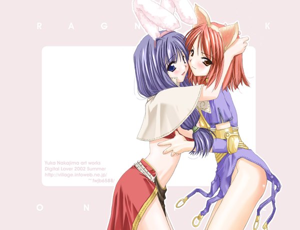 Anime picture 1280x980 with ragnarok online mage (ragnarok online) apple o archer nakajima yuka long hair looking at viewer blush short hair open mouth blue eyes light erotic standing twintails multiple girls brown eyes signed animal ears purple hair red hair :d