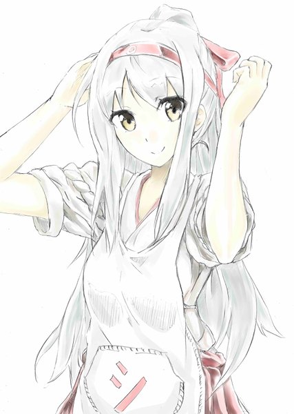Anime picture 2443x3429 with kantai collection shoukaku aircraft carrier single long hair tall image fringe highres breasts yellow eyes white hair traditional clothes japanese clothes light smile twisty sleeves girl ribbon (ribbons) hair ribbon apron