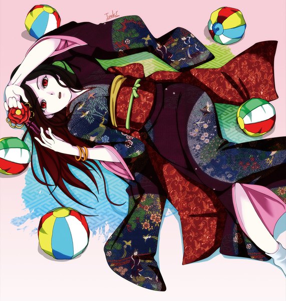 Anime picture 1000x1050 with original ivuki single long hair tall image looking at viewer open mouth black hair simple background red eyes signed lying japanese clothes hair flower pale skin girl hair ornament socks bracelet kimono