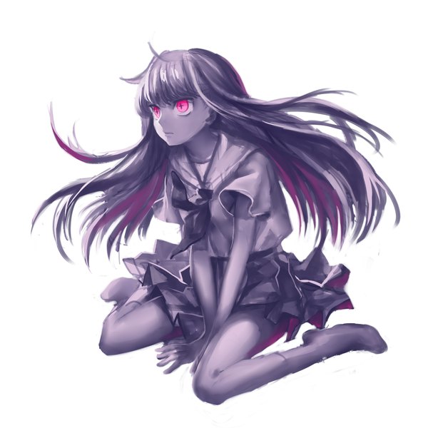 Anime picture 2000x2000 with original shionty single long hair fringe highres black hair simple background white background sitting looking away pink hair purple hair ahoge bent knee (knees) pleated skirt pink eyes multicolored hair grey hair two-tone hair