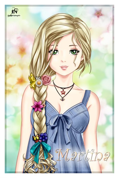 Anime picture 1499x2250 with original martina (thenightwishmaster) thenightwishmaster single long hair tall image looking at viewer blonde hair green eyes braid (braids) light smile single braid girl dress choker