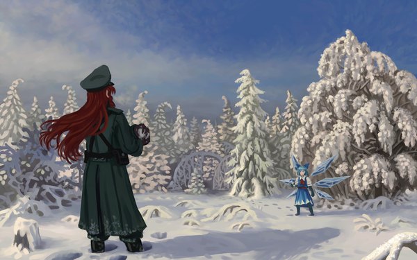Anime picture 3200x2000 with touhou cirno hong meiling u-joe long hair highres blue eyes standing multiple girls blue hair sky full body red hair shadow winter snow girl dress gloves bow