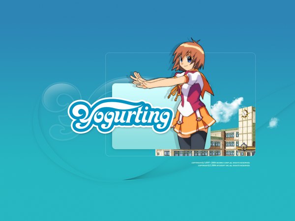Anime picture 1600x1200 with yogurting anna (yogurting) single short hair blue eyes simple background brown hair light smile outstretched arm girl building (buildings)
