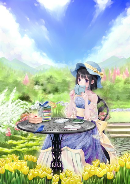 Anime picture 723x1023 with original kouzuki yui single tall image blush short hair black hair sitting purple eyes bare shoulders sky cloud (clouds) girl dress flower (flowers) hat book (books) table