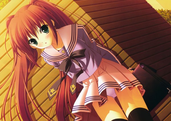 Anime picture 4657x3310 with highres light erotic twintails green eyes absurdres red hair pantyshot girl serafuku bag