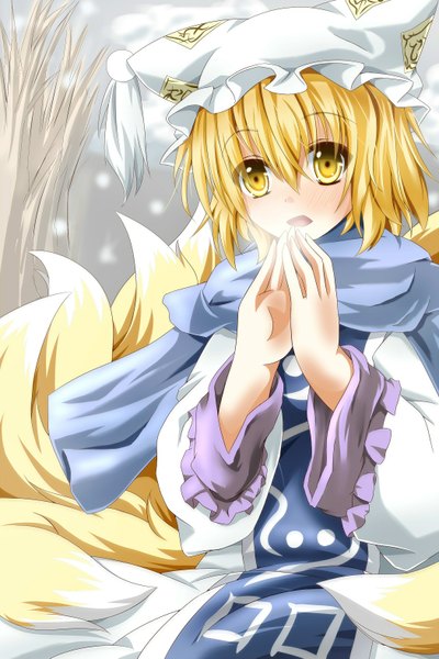 Anime picture 1050x1575 with touhou yakumo ran single tall image blush short hair open mouth blonde hair yellow eyes fox ears fox tail fox girl exhalation cold girl scarf