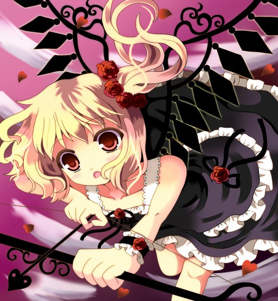 Anime picture 1025x1107 with touhou flandre scarlet hazakura satsuki single tall image blush short hair open mouth blonde hair red eyes alternate costume alternate color girl wings heart bow (weapon) arrow (arrows)