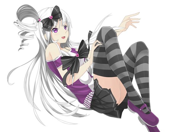 Anime picture 1131x800 with original riki-to single long hair open mouth simple background smile white background purple eyes bare shoulders looking away silver hair ponytail side ponytail drill hair weightlessness thighhighs bow hair bow miniskirt