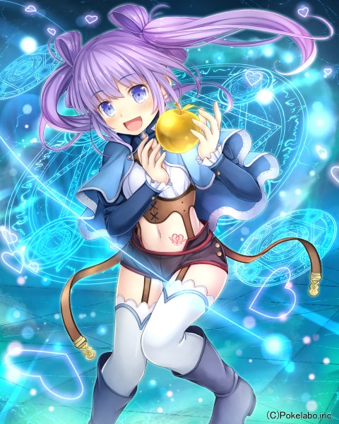 Anime picture 1920x2400 with unmei no clan battle namaru (summer dandy) single long hair tall image looking at viewer blush highres open mouth blue eyes purple hair official art magic girl thighhighs navel white thighhighs boots fruit apple
