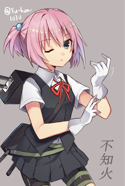 Anime picture 650x961 with kantai collection shiranui destroyer yuukome (tekunon) single tall image looking at viewer short hair simple background signed pink hair ponytail one eye closed grey background grey eyes character names girl gloves uniform school uniform white gloves