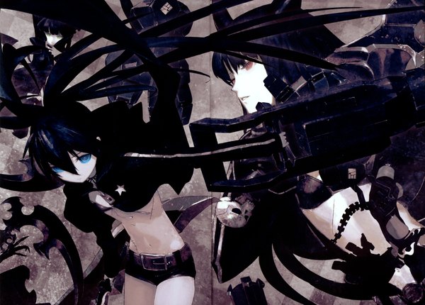 Anime picture 4191x3007 with black rock shooter black rock shooter (character) dead master huke long hair highres blue eyes black hair twintails absurdres horn (horns) glowing scar glowing eye (eyes) shorts skull huge weapon scythe