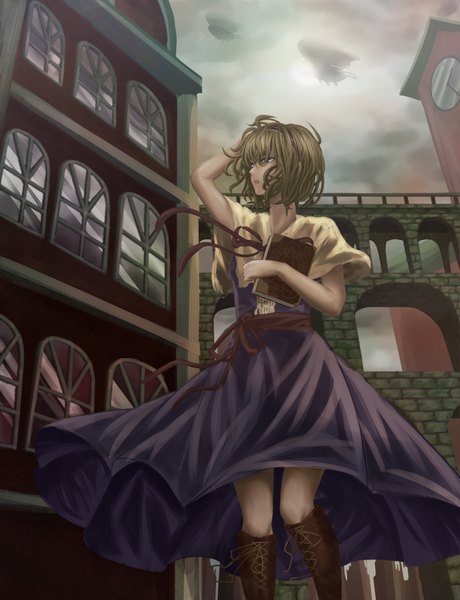 Anime picture 1500x1956 with touhou alice margatroid sakkun2014 single tall image fringe short hair hair between eyes brown hair holding looking away sky parted lips wind sunlight hair over one eye from below short sleeves grey eyes hand on head