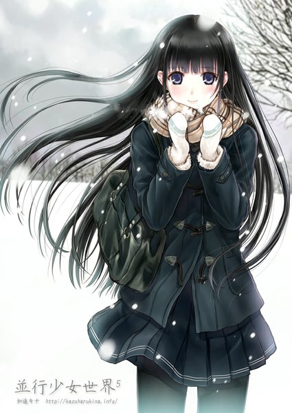 Anime picture 708x1000 with original kazuharu kina single long hair tall image looking at viewer blush black hair smile black eyes hieroglyph snowing winter snow exhalation girl skirt plant (plants) tree (trees) jacket