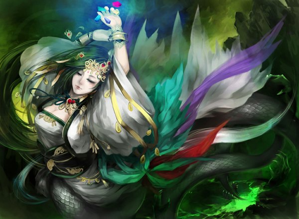 Anime picture 1000x733 with original nu wa youshun (naturaljuice) single long hair eyes closed green hair lips realistic chinese clothes snake tail lamia goddess girl ribbon (ribbons) bracelet jewelry ring chinese dress stone (stones)