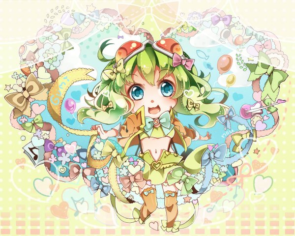 Anime picture 2500x2000 with vocaloid gumi nou single looking at viewer highres short hair open mouth aqua eyes green hair spread arms chibi girl navel bow goggles guitar musical note