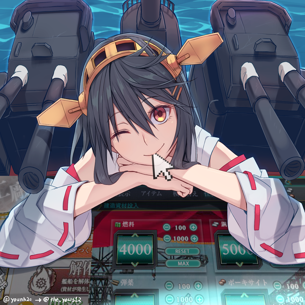 Anime picture 2000x2000 with kantai collection haruna battleship yunamul single long hair looking at viewer fringe highres smile hair between eyes traditional clothes japanese clothes one eye closed grey hair wink orange eyes humor girl weapon water