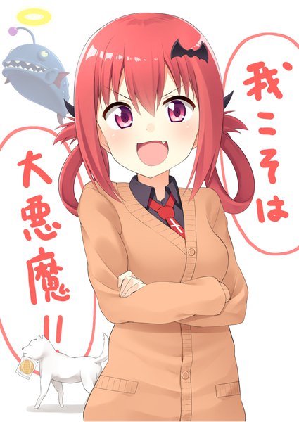 Anime picture 752x1062 with gabriel dropout doga kobo satanichia kurumizawa mcdowell ariel23795 single tall image looking at viewer blush fringe short hair open mouth smile hair between eyes upper body red hair :d pink eyes fang (fangs) crossed arms hair rings