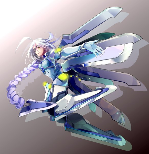 Anime picture 1400x1443 with blazblue nu-13 tagme (artist) single tall image simple background yellow eyes looking away purple hair ahoge braid (braids) very long hair grey background single braid mecha musume girl weapon armor bodysuit eyepatch