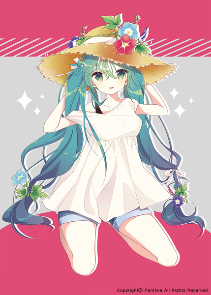 Anime picture 870x1217 with vocaloid hatsune miku panttwa single tall image looking at viewer twintails very long hair hair flower aqua eyes aqua hair casual girl dress hair ornament flower (flowers) hat shorts sundress morning glory