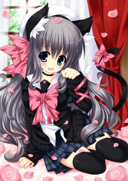 Anime picture 707x1000 with original ojitcha long hair tall image blush open mouth blue eyes animal ears tail animal tail grey hair cat ears cat girl cat tail girl thighhighs uniform flower (flowers) black thighhighs school uniform