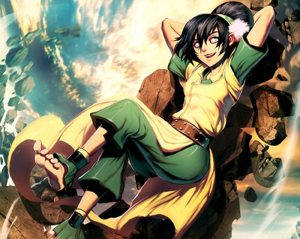 Anime picture 1024x819 with avatar: the last airbender nickelodeon toph beifong genzoman single fringe short hair open mouth black hair smile barefoot hair bun (hair buns) arms behind head white eyes no pupils girl belt toes suit stone (stones)