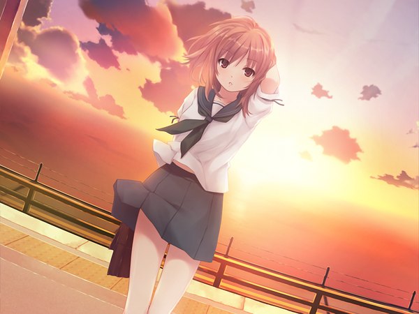 Anime picture 1024x768 with cure girl noesis (studio) hoshimiya miyu coffee-kizoku single short hair brown hair brown eyes game cg evening sunset girl serafuku