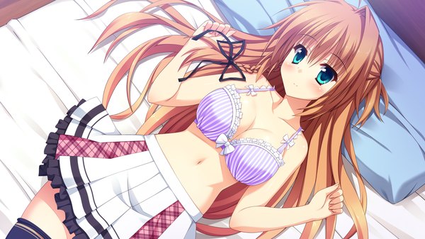 Anime picture 1280x720 with koishiki manual ichinose himeno saeki nao single long hair looking at viewer blush breasts blue eyes light erotic smile brown hair wide image large breasts bare shoulders game cg cleavage lying bare belly on back