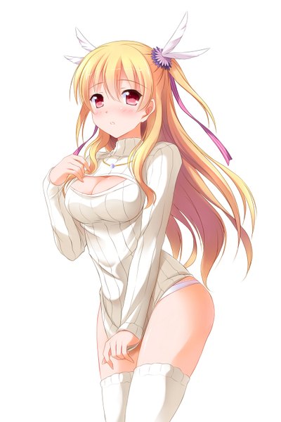 Anime picture 1000x1500 with eiyuu densetsu falcom (studio) alisa reinford bashen chenyue single long hair tall image blush light erotic simple background blonde hair red eyes white background pantyshot girl thighhighs underwear panties ribbon (ribbons) hair ribbon