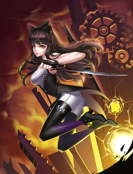 Anime picture 1422x1864 with rwby rooster teeth blake belladonna shou ai mianbao ren single long hair tall image looking at viewer fringe short hair breasts brown hair bare shoulders yellow eyes sky cloud (clouds) bent knee (knees) jumping girl gloves