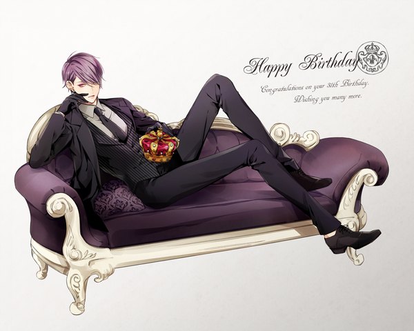 Anime picture 1011x809 with lucky dog giulio di bondone komichi96 single fringe short hair simple background purple eyes looking away purple hair bent knee (knees) parted lips hair over one eye grey background text reclining english happy birthday formal boy