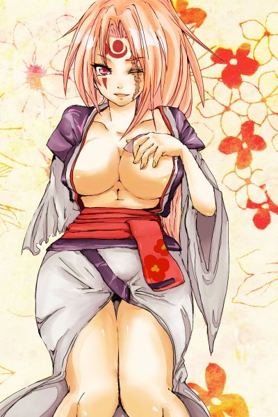 Anime picture 800x1200 with guilty gear baiken carie tall image highres breasts open mouth light erotic smile red eyes pink hair cleavage ponytail traditional clothes japanese clothes open clothes facial mark hand on chest scar knees touching