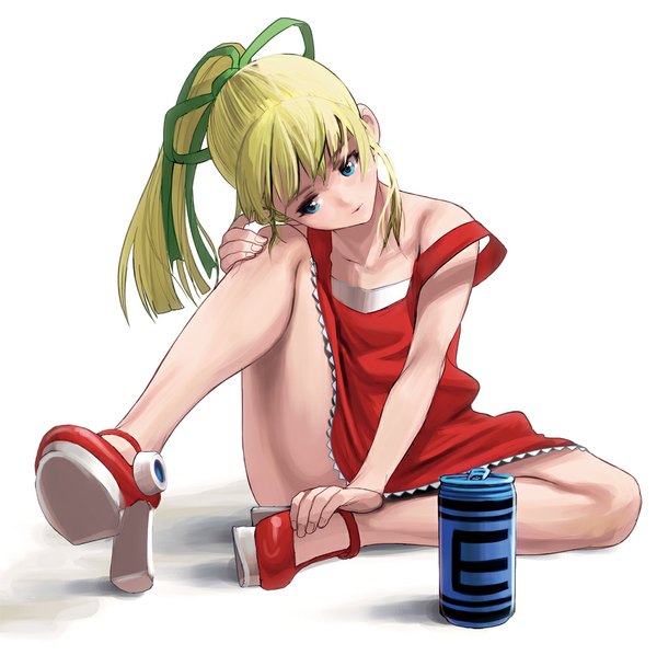 Anime picture 1003x1000 with rockman roll (rockman) masao single long hair blue eyes blonde hair white background sitting ponytail off shoulder high heels looking down girl dress ribbon (ribbons) hair ribbon can
