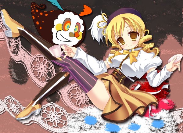 Anime picture 1200x872 with mahou shoujo madoka magica shaft (studio) tomoe mami suzuhara miyako (ichigo douhu) blonde hair yellow eyes drill hair striped girl thighhighs hat