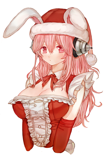 Anime picture 581x861 with nitroplus super sonico memipong single long hair tall image blush fringe breasts light erotic simple background hair between eyes large breasts white background animal ears looking away pink hair cleavage upper body pink eyes