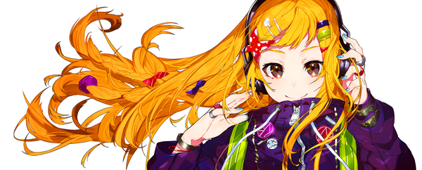 Anime picture 1977x800 with original mika pikazo single long hair looking at viewer highres simple background smile wide image white background braid (braids) nail polish wind black eyes orange hair blue nail polish hand on headphones girl hair ornament bow