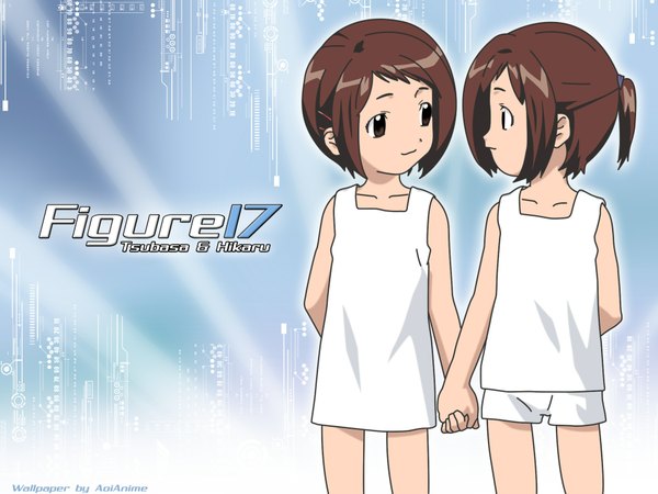 Anime picture 1920x1440 with figure 17 shiina tsubasa shiina hikaru highres short hair brown hair brown eyes wallpaper siblings twins