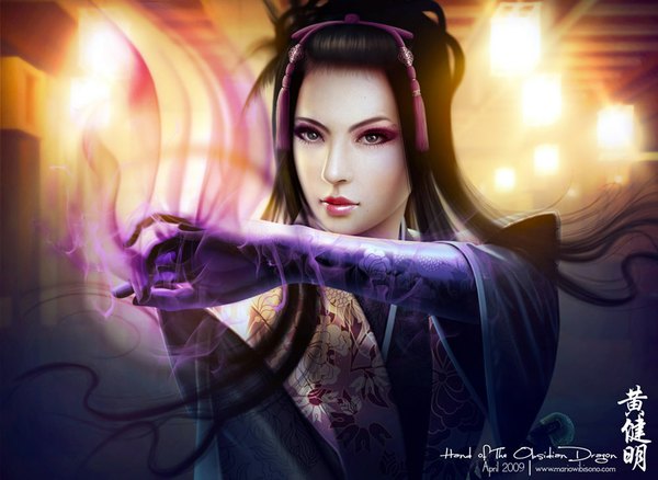 Anime picture 1000x731 with legend of the five rings hand of the obsidian dragon mario wibisono (raynkazuya) single long hair black hair brown eyes traditional clothes japanese clothes lips realistic magic hieroglyph light girl