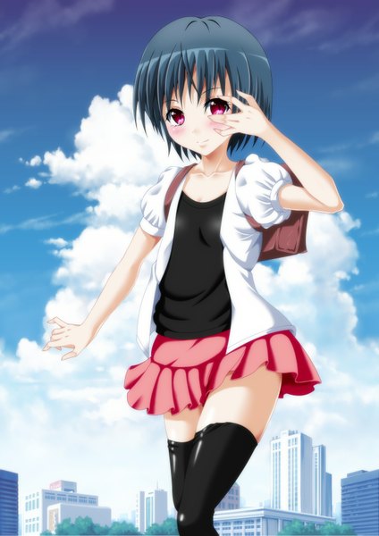 Anime picture 1158x1637 with original kaze makase single tall image looking at viewer blush short hair blue hair sky cloud (clouds) pleated skirt pink eyes zettai ryouiki cityscape girl thighhighs black thighhighs school bag