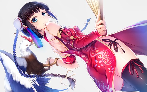 Anime picture 1536x960 with original yan (nicknikg) looking at viewer blush fringe short hair breasts blue eyes light erotic black hair simple background smile white background holding ass blunt bangs braid (braids) traditional clothes arm up aqua eyes