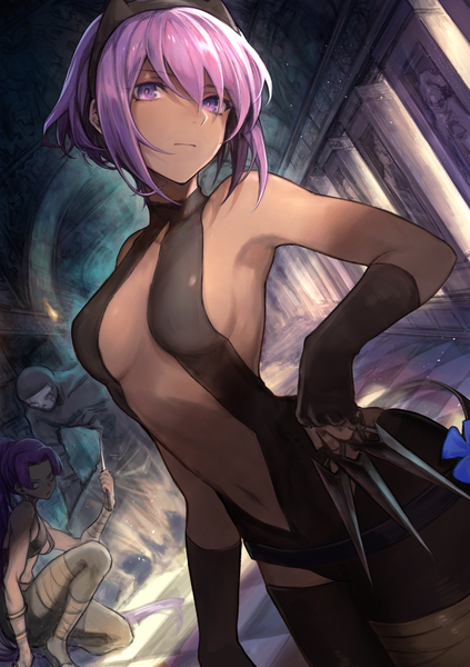 Anime picture 1500x2125 with fate (series) fate/grand order fate/stay night fate/zero fate/prototype hassan of serenity (fate) assassin (fate/zero) true assassin female assassin (fate/zero) mephist long hair tall image fringe short hair breasts light erotic hair between eyes purple eyes bare shoulders multiple girls