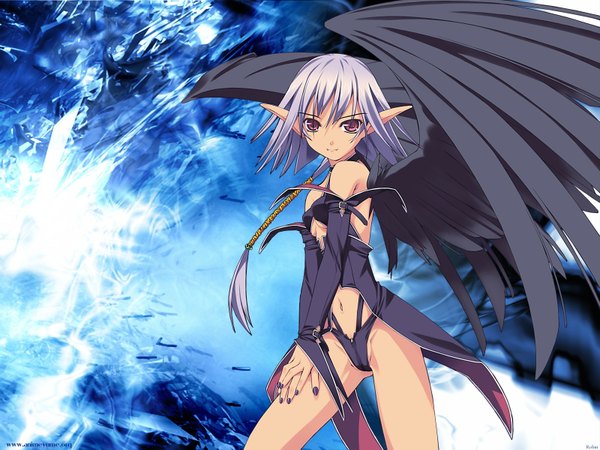 Anime picture 1600x1200 with original murakami suigun single long hair looking at viewer fringe light erotic red eyes bare shoulders purple hair nail polish pointy ears girl navel detached sleeves wings